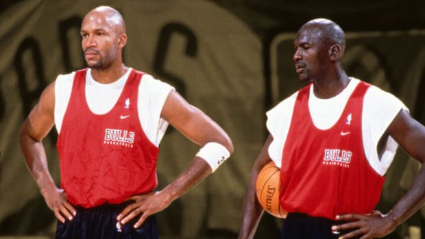 Chicago Bulls guard Ron Harper and guard Michael Jordan
