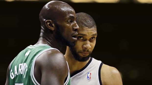 Boston Celtics center Kevin Garnett and San Antonio Spurs forward Tim Duncan
