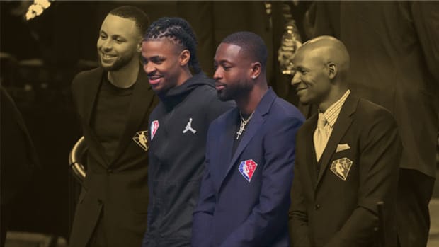 Ja Morant and Dwyane Wade at the NBA's Top 75 celebration during the 2022 All-Star weekend in Cleveland