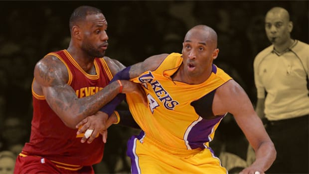 Cleveland Cavaliers forward LeBron James guards Los Angeles Lakers forward Kobe Bryant