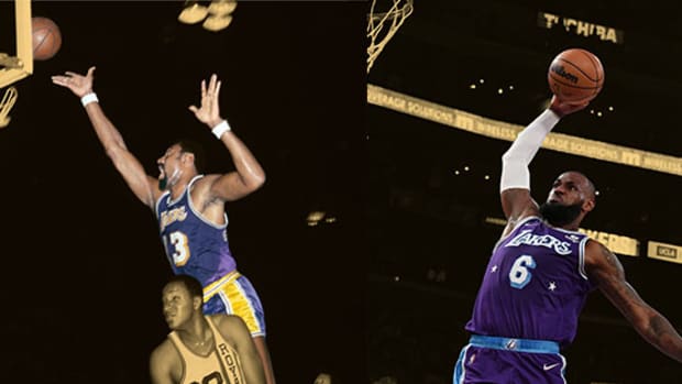 Wilt Chamberlain and LeBron James playing for the Los Angeles Lakers