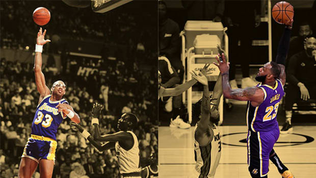Los Angeles Lakers Kareem Abdul-Jabbar and forward LeBron James