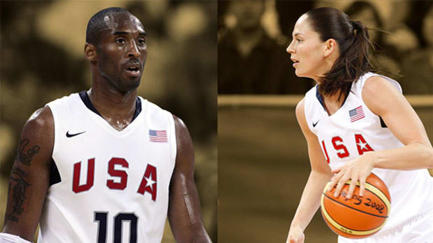 Team USA womens guard Sue Bird and USA guard Kobe Bryant at the Beijing Olympic basketball tournament