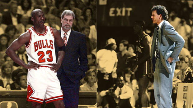 Chicago Bulls guard Michael Jordan, head coach Phil Jackson and Doug Collins