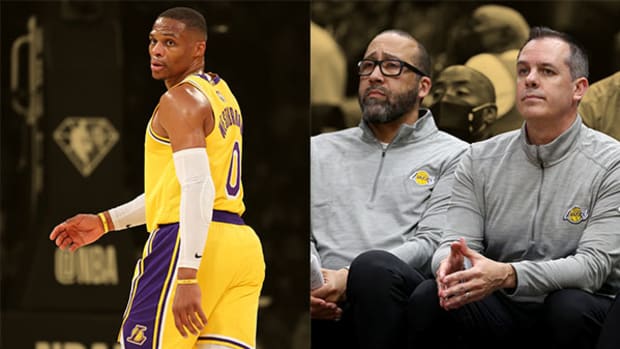 Los Angeles Lakers guard Russell Westbrook, assistant coach David Fizdale and head coach Frank Vogel