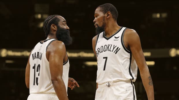 Brooklyn Nets guard James Harden  and forward Kevin Durant
