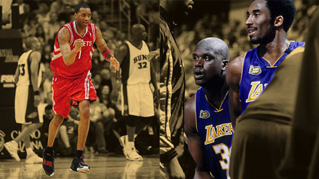 Houston Rockets guard/forward Tracy McGrady, Los Angeles Lakers center Shaquille O'Neal and guard Kobe Bryant