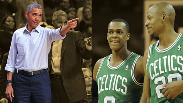 United States president Barack Obama, Boston Celtics guard Rajon Rondo and guard Ray Allen