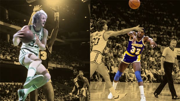 Boston Celtics forward Larry Bird and Los Angeles Lakers guard Magic Johnson