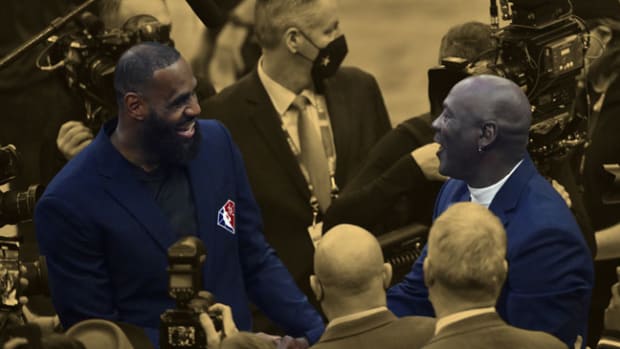Lebron James and Michael Jordan on court during halftime during the 2022 NBA All-Star Game