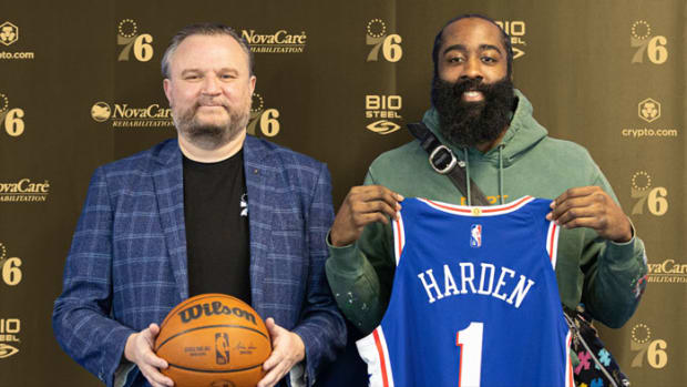 Philadelphia 76ers guard James Harden and president of basketball operations Daryl Morey