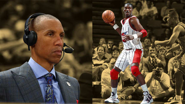 NBA on TNT television analyst Reggie Miller and Houston Rockets center Hakeem Olajuwon