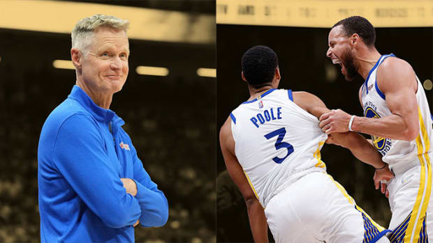 Golden State Warriors head coach Steve Kerr, guard Stephen Curry and guard Jordan Poole