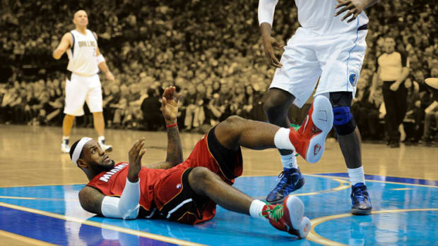 Miami Heat small forward LeBron James on the floor vs. Dallas Mavericks
