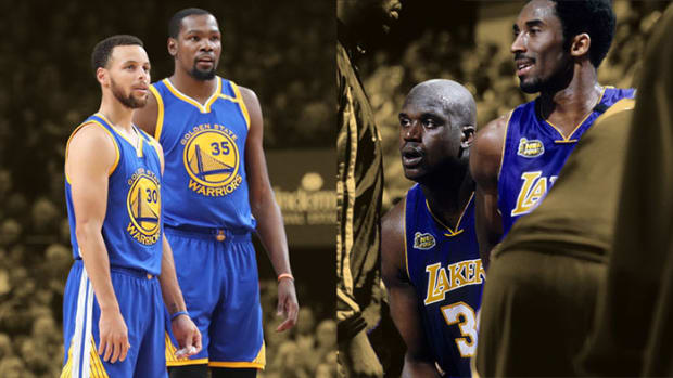 Los Angeles Lakers center Shaquille O'Neal and guard Kobe Bryant, Golden State Warriors guard Stephen Curry and forward Kevin Durant