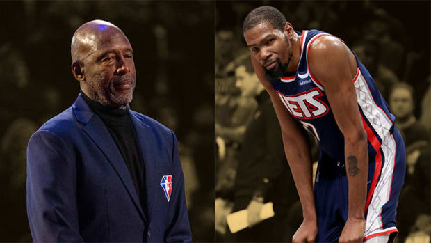NBA great James Worthy and Brooklyn Nets forward Kevin Durant