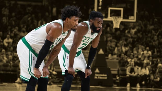 Boston Celtics guard Marcus Smart and guard Jaylen Brown