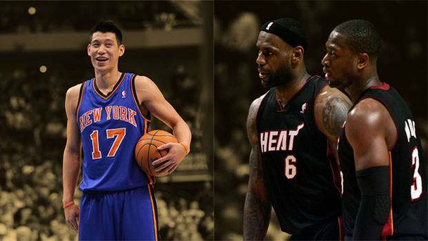 New York Knicks guard Jeremy Lin and Miami Heat small forward LeBron James and shooting guard Dwyane Wade