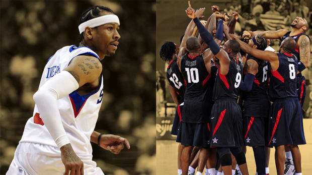 Philadelphia 76ers guard Allen Iverson and members of the USA mens basketball team