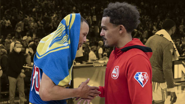 Golden State Warriors guard Stephen Curry and Atlanta Hawks guard Trae Young
