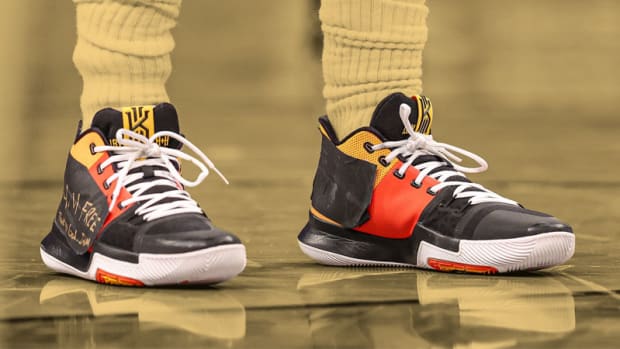 A detailed view of the sneakers worn by Brooklyn Nets guard Kyrie Irving
