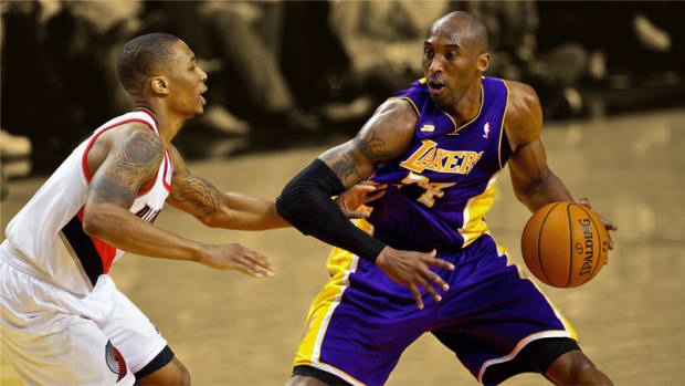 Los Angeles Lakers shooting guard Kobe Bryant and Portland Trail Blazers point guard Damian Lillard