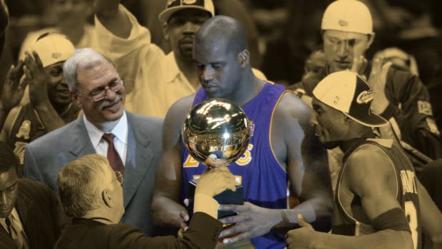 Los Angeles Lakers coach Phil Jackson and Shaquille O'Neal