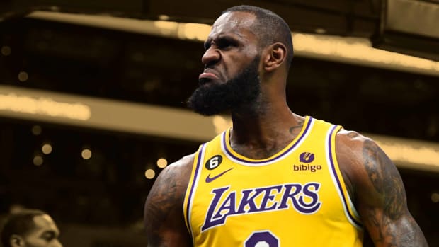 January 2, 2023; Los Angeles Lakers superstar LeBron James reacts after scoring against the Charlotte Hornets at the Spectrum Center