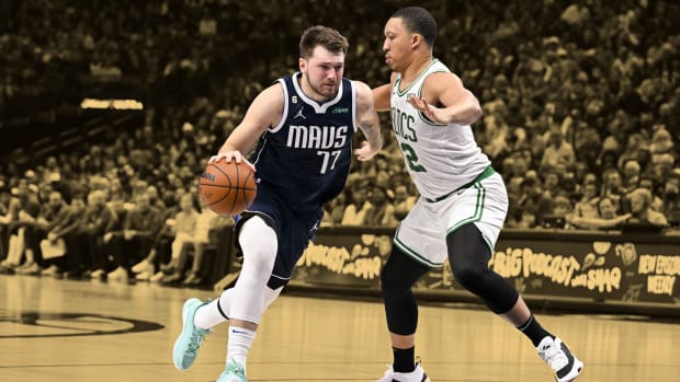 January 5, 2023; Luka Doncic on offense vs. Grant Williams during the Dallas-Mavericks-Boston Celtics matchup at the American Airlines Center