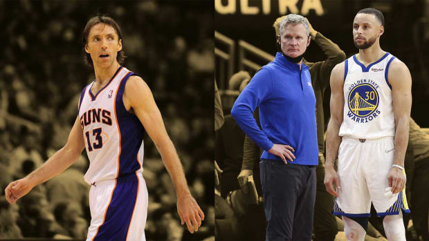 Phoenix Suns point guard Steve Nash with Golden State Warriors' head coach Steve Kerr and Stephen Curry