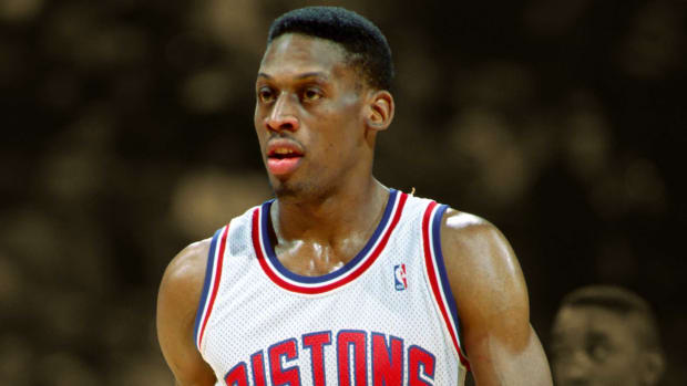 1992; Detroit Pistons forward Dennis Rodman in action against the Chicago Bulls at the Palace of Auburn Hills