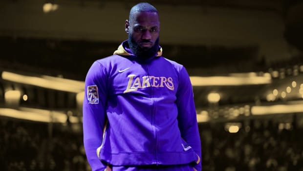 January 7, 2023; LeBron James during the playing of national anthem ahead of the Los Angeles Lakers matchup vs. Sacramento Kings at the Golden 1 Center.