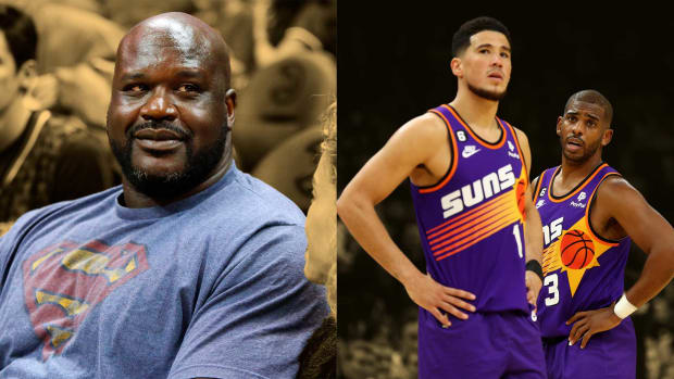 NBA Hall of Famer Shaquille O'Neal (left); Phoenix Suns star duo of Devin Booker and Chris Paul (right)