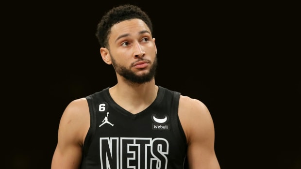December 9, 2022; Brooklyn Nets guard Ben Simmons (10) reacts during the second quarter against the Atlanta Hawks at Barclays Center
