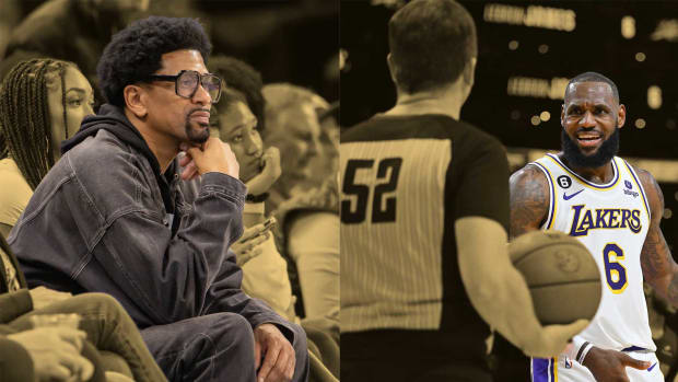 Jalen Rose sits curtside at an NBA game (left); Los Angeles Lakers superstar LeBron James complains to the referee (right)