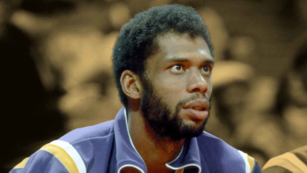 November 1980; Los Angeles Lakers center Kareem Abdul-Jabbar on the bench during the 1980 season