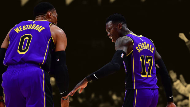 December 16, 2022; Los Angeles Lakers Dennis Schroder and Russell Westbrook celebrate after a made basket Crypto.com Arena
