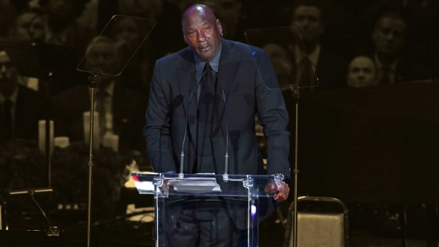 February 24, 2020; NBA legend Michael Jordan gives emotional speech to celebrate the life of Kobe Bryant and daughter Gianna Bryant at Staples Center