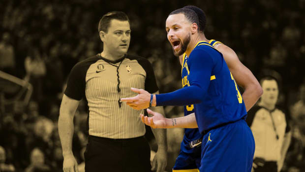 January 25, 2023; Golden State Warriors superstar Stephen Curry argues with the ref after being ejected during then game against the Memphis Grizzlies at Chase Center