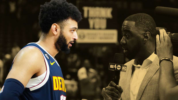 January 31, 2023; Jamal Murray interviewed by TNT broadcaster Chris Haynes after the Denver Nuggets beat the New Orleans Pelicans at Ball Arena