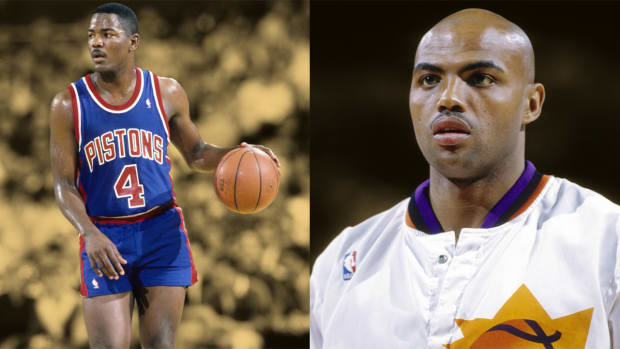 Detroit Pistons guard Joe Dumars (4)/Phoenix Suns forward Charles Barkley (34)