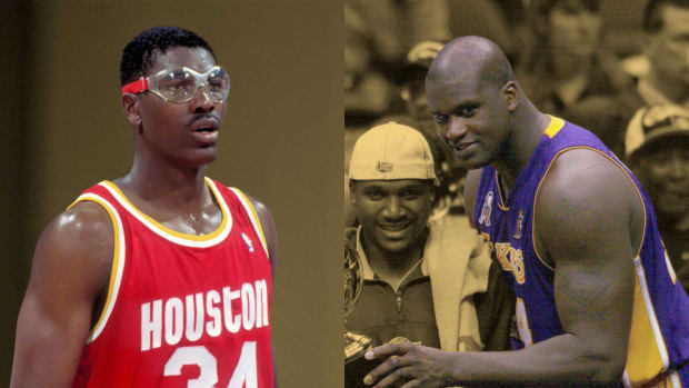 Houston Rockets big man Hakeem Olajuwon; Los Angeles Lakers center Shaquille O'Neal