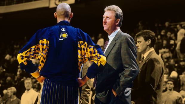 Indiana Pacers guard Reggie Miller and head coach Larry Bird