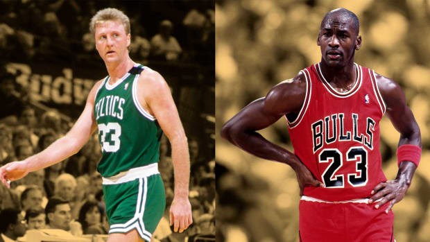 Boston Celtics forward Larry Bird; Chicago Bulls shooting guard Michael Jordan