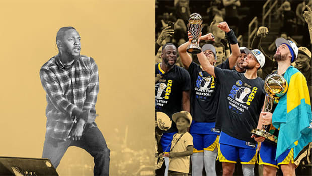Kendrick Lamar, Golden State Warriors guard Steph Curry, guard Klay Thompson, guard Jordan Poole and forward Draymond Green celebrating winning in the NBA Finals