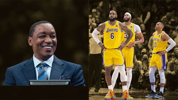 Detroit Pistons legend Isiah Thomas, Los Angeles Lakers forward LeBron James and forward Anthony Davis and guard Russell Westbrook