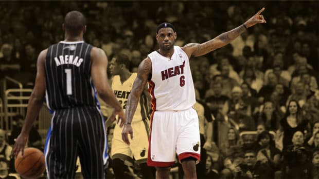 Orlando Magic guard Gilbert Arenas and Miami Heat forward LeBron James