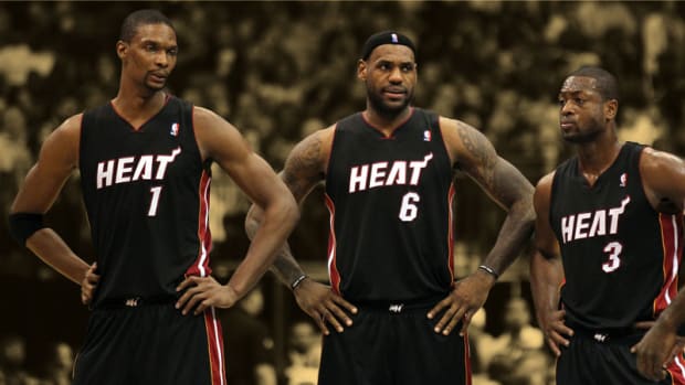 Miami Heat forward Chris Bosh, Lebron James and guard Dwyane Wade