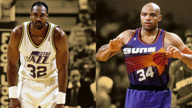 Utah Jazz forward Karl Malone and Phoenix Suns forward Charles Barkley