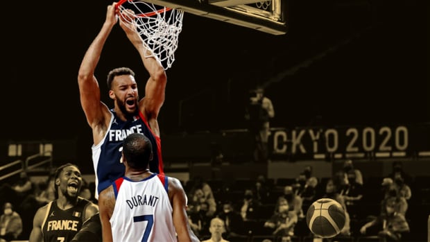 France centre Rudy Gobert dunks the ball against United States forward Kevin Durant